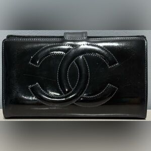 Chanel Black Patent CC Logo Long Flap Wallet